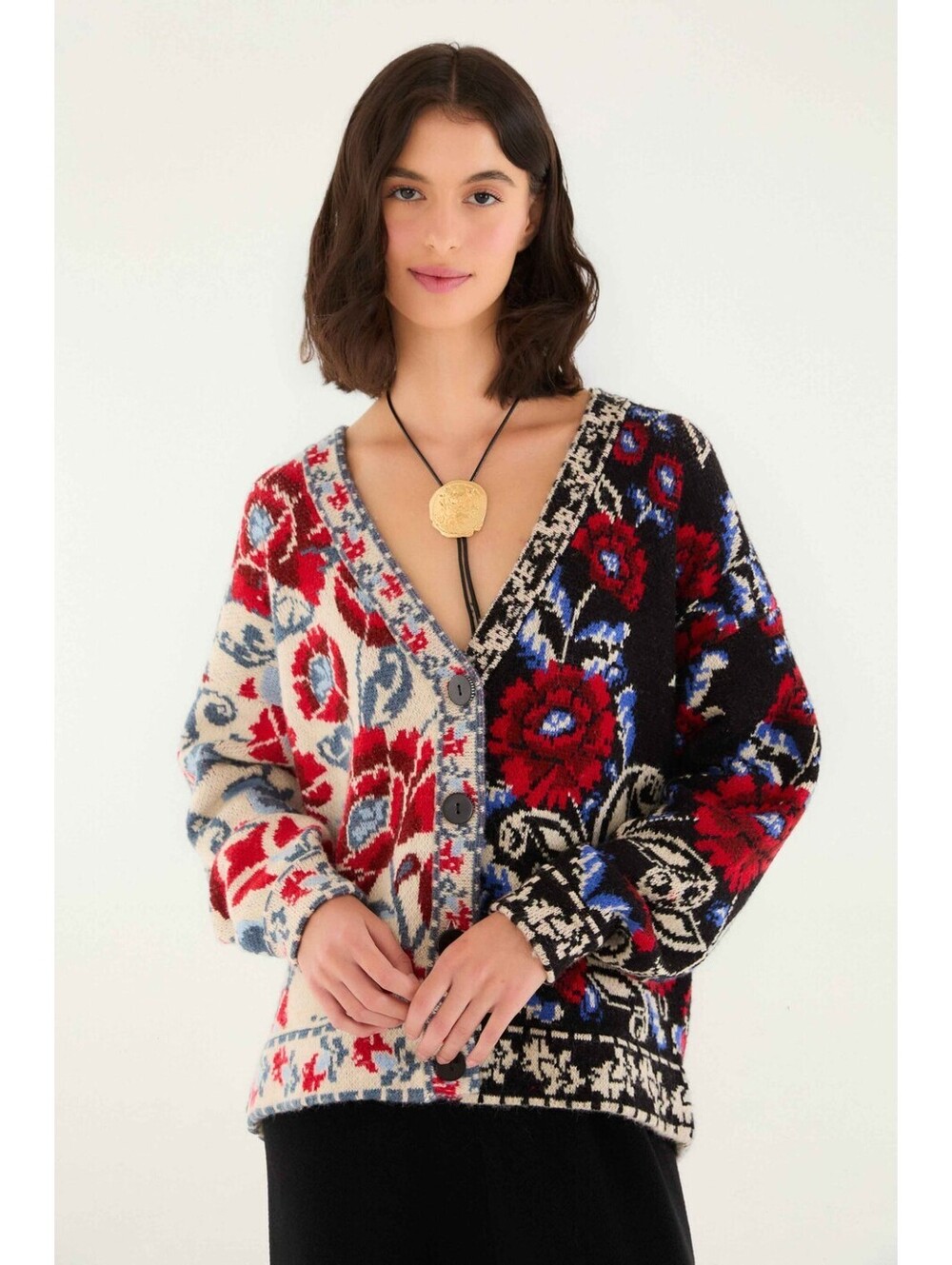 New, Farm Rio Black Mixed Valentina V Neck Knit Cardigan in Multi Sz S #T4066
